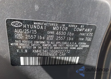 2016 Hyundai Sonata Hybrid Limited z USA, uszkodzony, nr VIN KMHE34L16GA022772